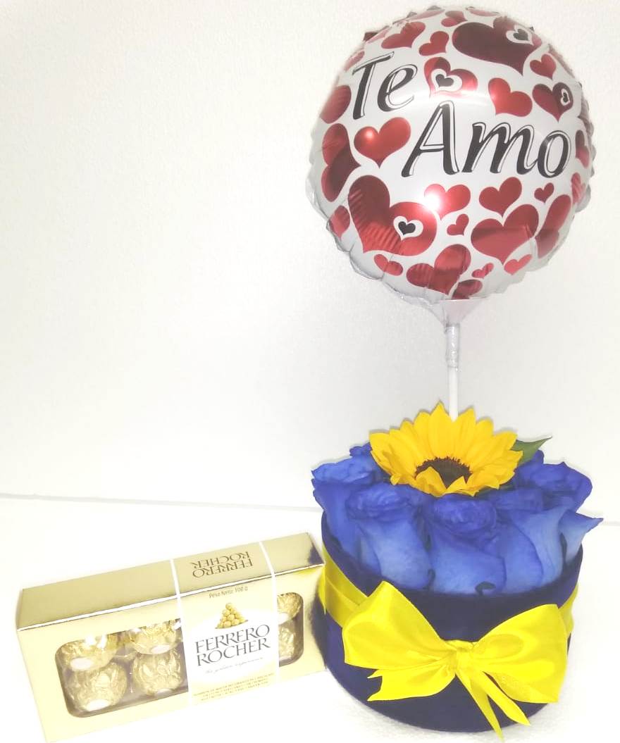 Caja Redonda 8 Rosas Azules y 1 Girasol, Bombones Ferrero Rocher 100grs y Globito